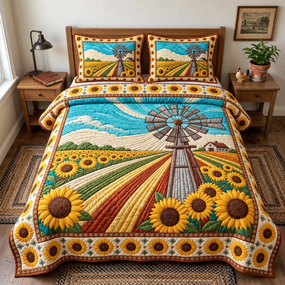 Sunflower Windmill 3 Piece Quilted Bedding Set Gift For Flower Lovers