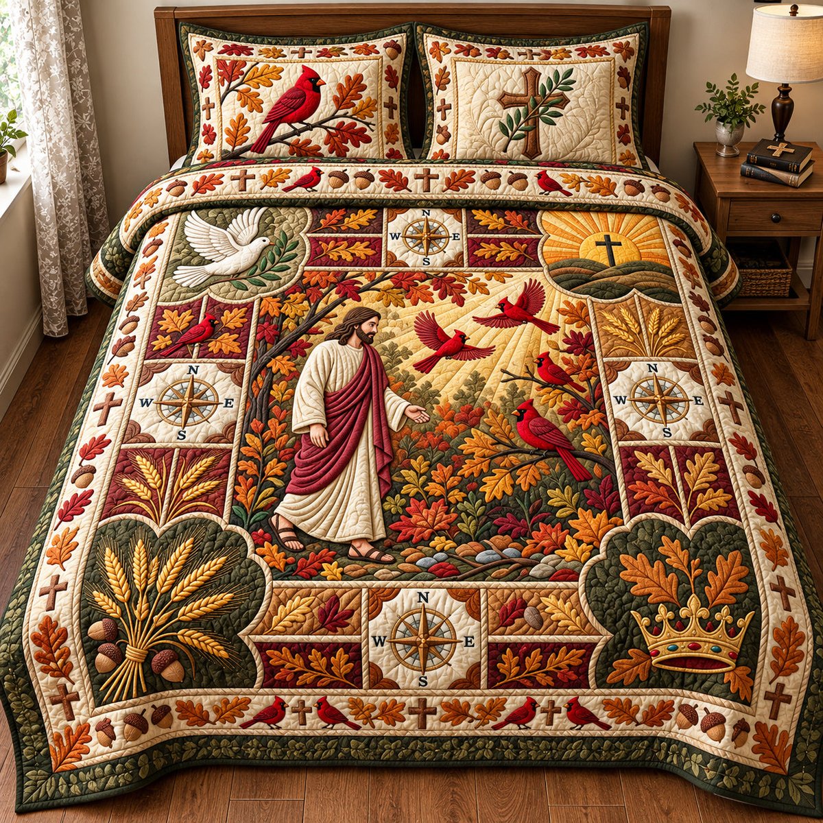 Autumn Cardinals 3 Piece Quilted Bedding Set Gift For Bird Lovers