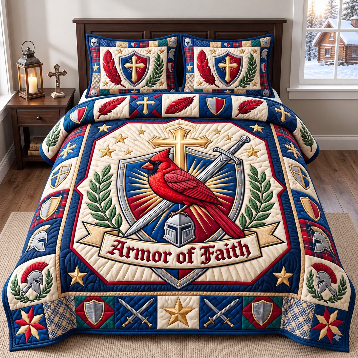 Christian Cardinal 3 Piece Quilted Bedding Set Gift For Bird Lovers