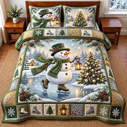 Snowman 3 Piece Quilted Bedding Set Christmas Gift For Holiday Decor Lovers