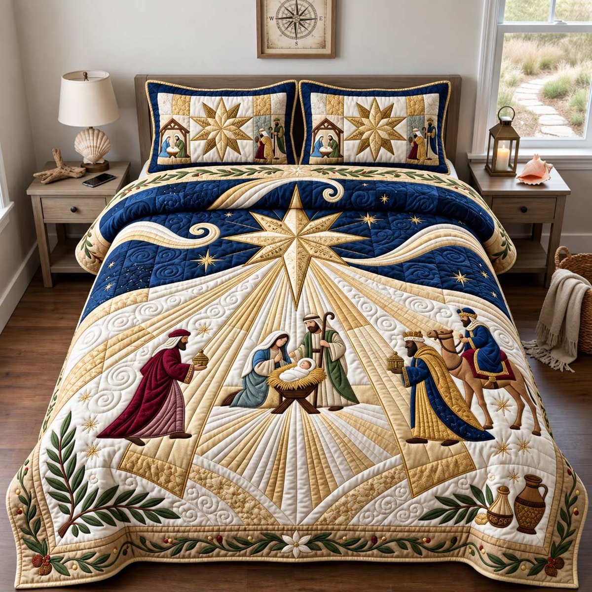 Star of Bethlehem Christian 3 Piece Quilted Bedding Set Gift For Christians