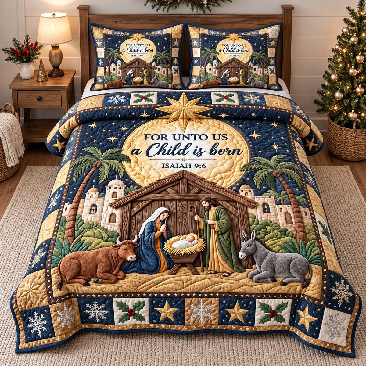 A Child Is Born 3 Piece Quilted Bedding Set Gift For Christians