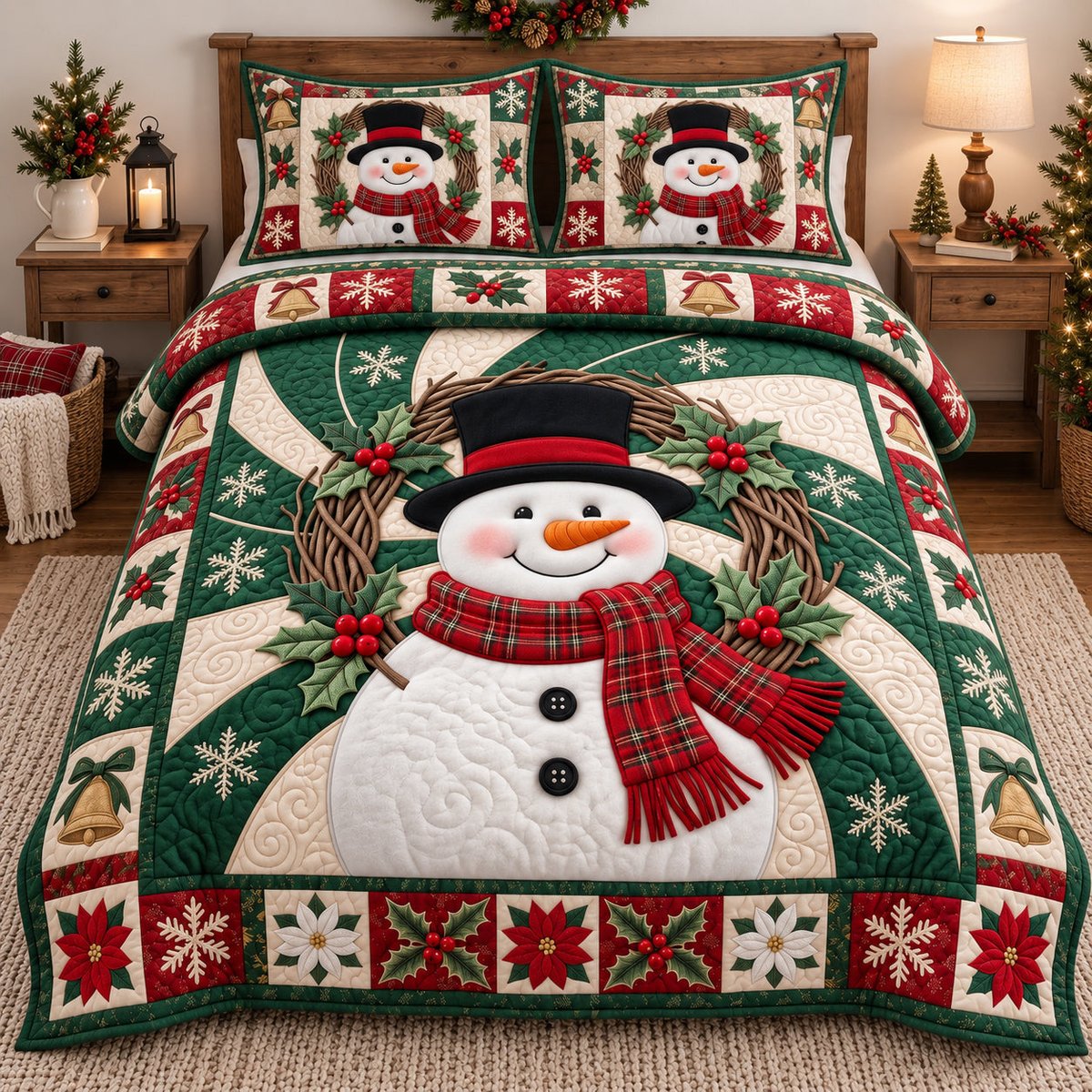 Wreath Snowman Swirl 3 Piece Quilted Bedding Set Gift For Holiday Decor Lovers