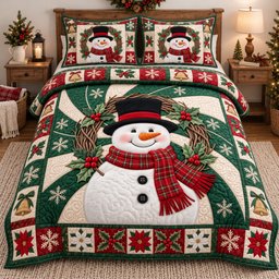 Wreath Snowman Swirl 3 Piece Quilted Bedding Set Gift For Holiday Decor Lovers