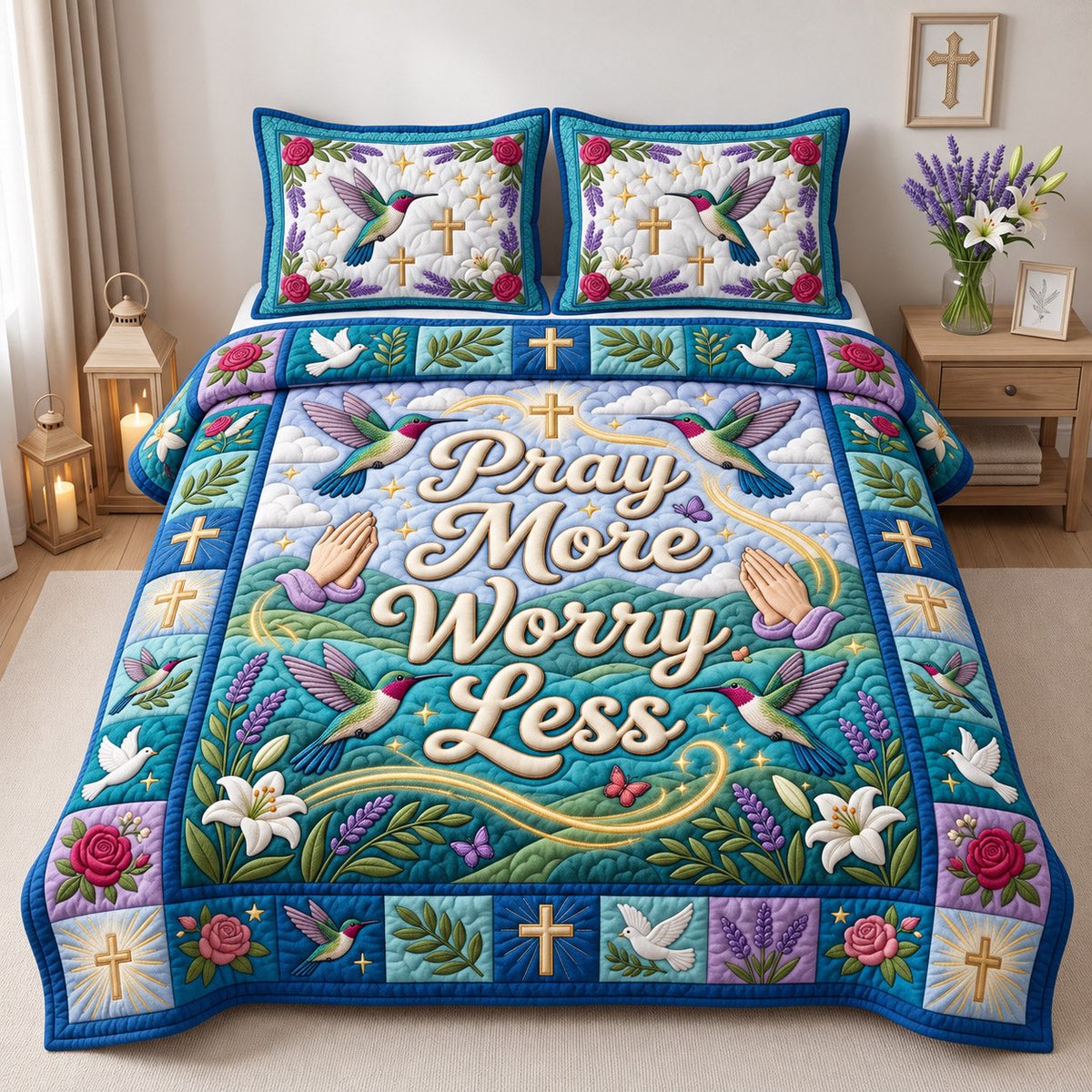 Christian Hummingbird 3 Piece Quilted Bedding Set Gift For Bird Lovers
