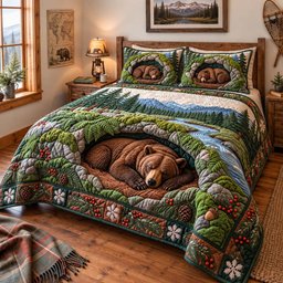 Mountain Bear Den 3 Piece Quilted Bedding Set Gift For Bear Lovers