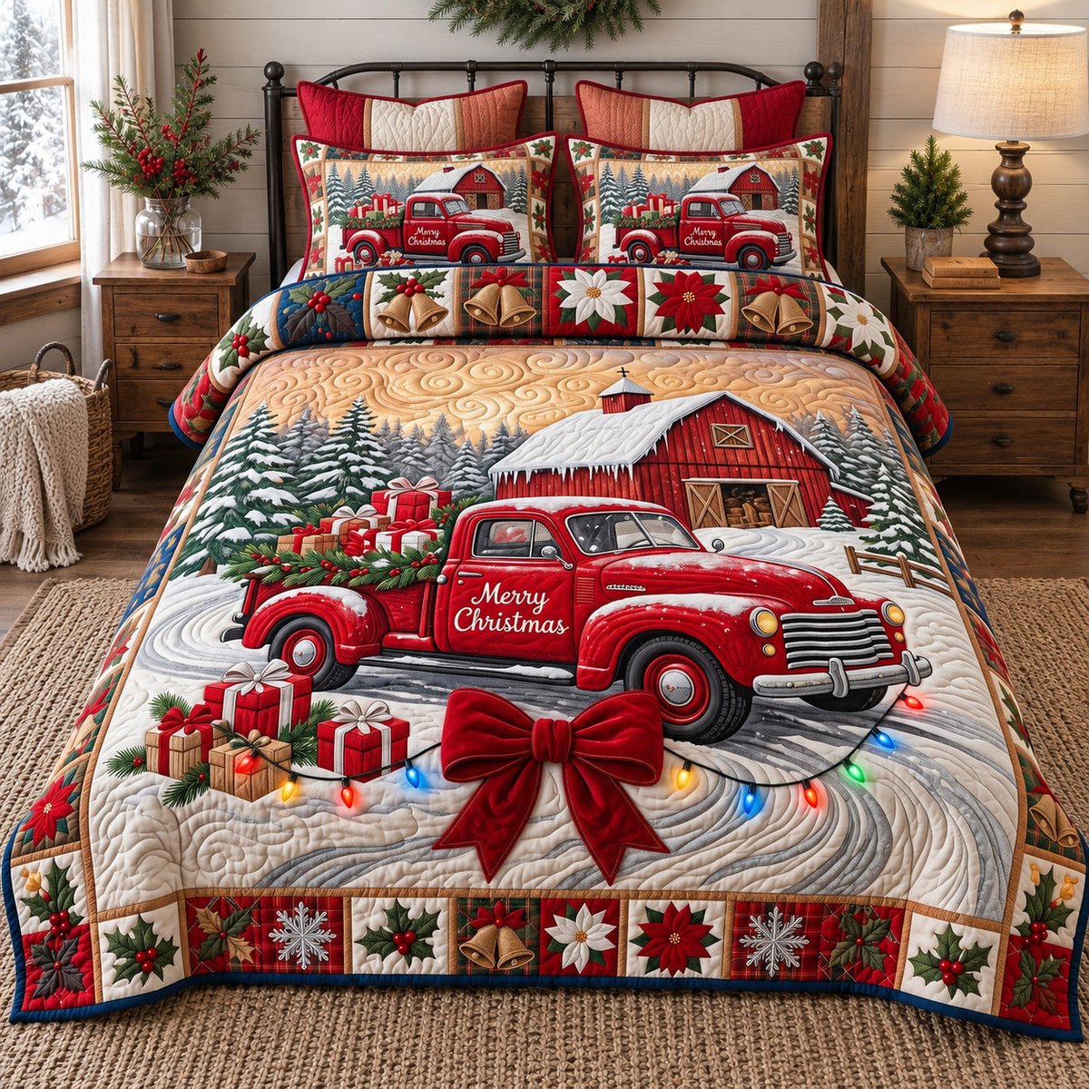 Red Barn Truck 3 Piece Quilted Bedding Set Gift For Farmhouse Decor Lovers
