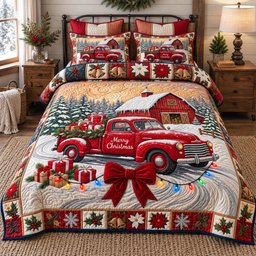 Red Barn Truck 3 Piece Quilted Bedding Set Gift For Farmhouse Decor Lovers