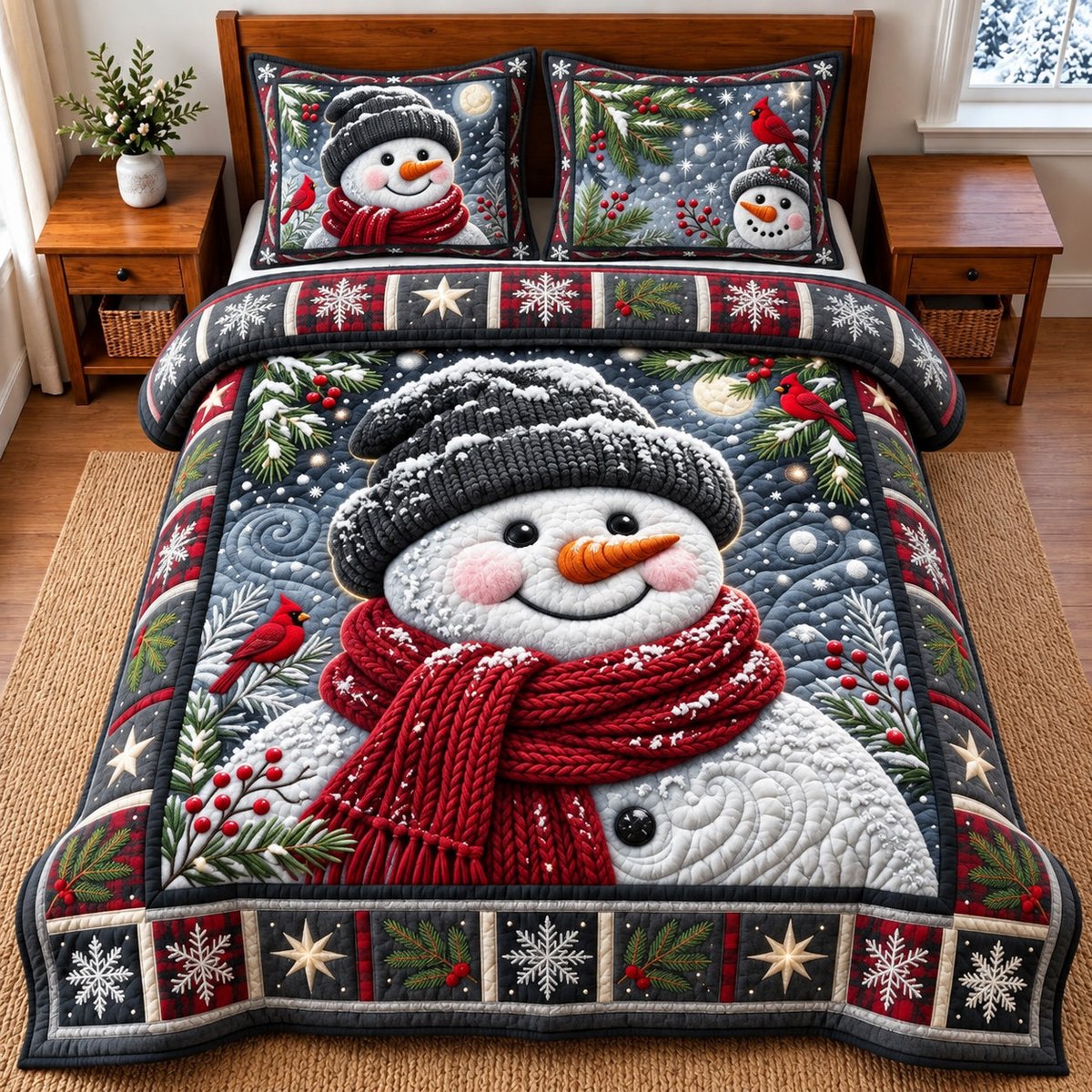 Cozy Snowman 3 Piece Quilted Bedding Set Gift For Holiday Decor Lovers