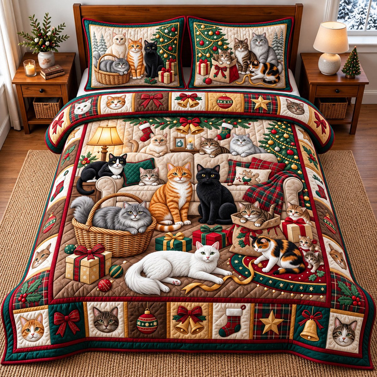 Cozy Cat 3 Piece Quilted Bedding Set Gift For Cat Lovers