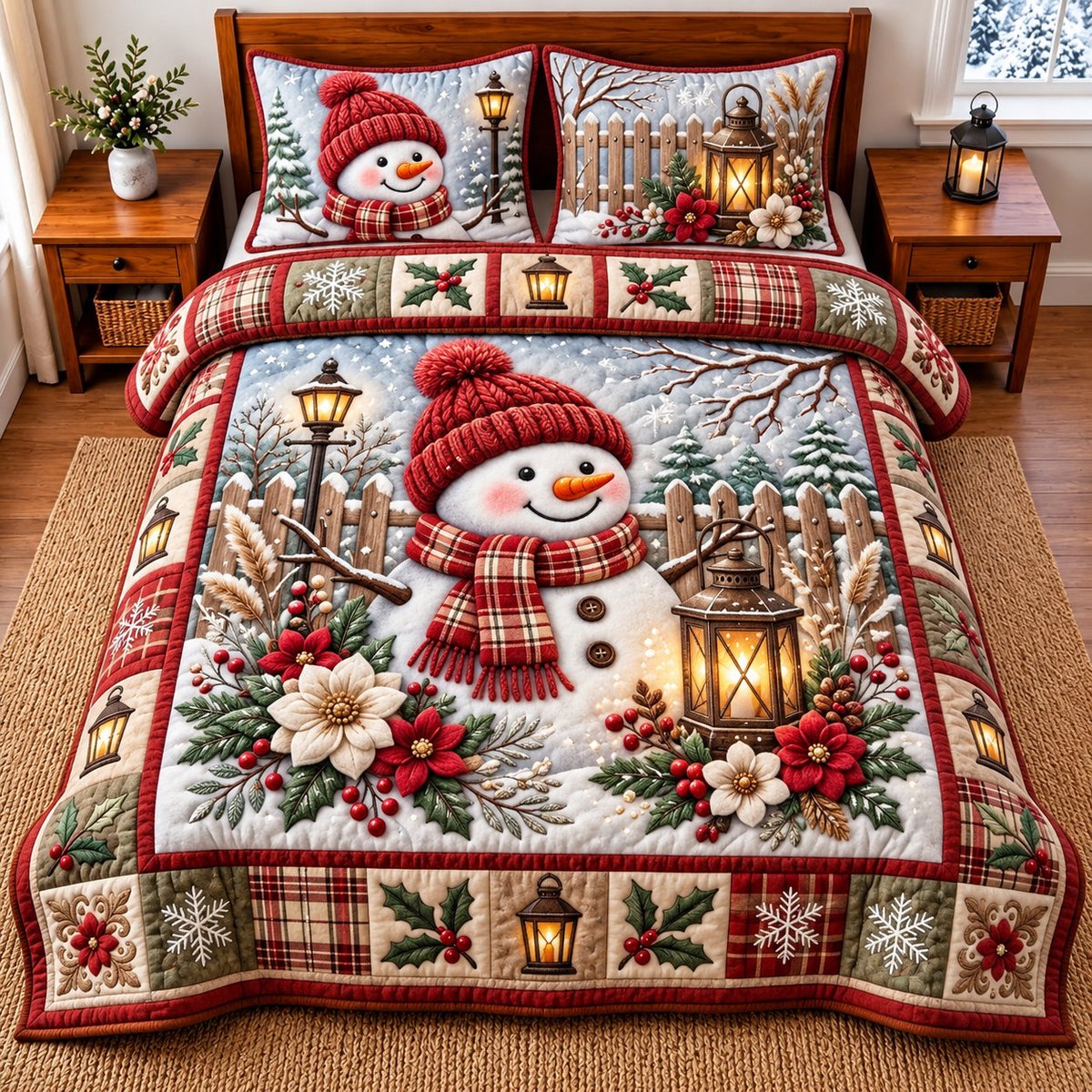 Lantern Snowman 3 Piece Quilted Bedding Set Gift For Holiday Decor Lovers