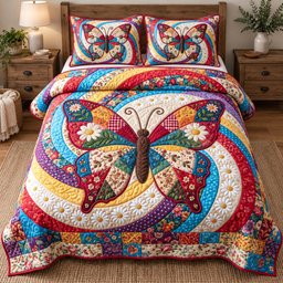 Patchwork Butterfly Swirl 3 Piece Quilted Bedding Set Gift For Butterfly Lovers