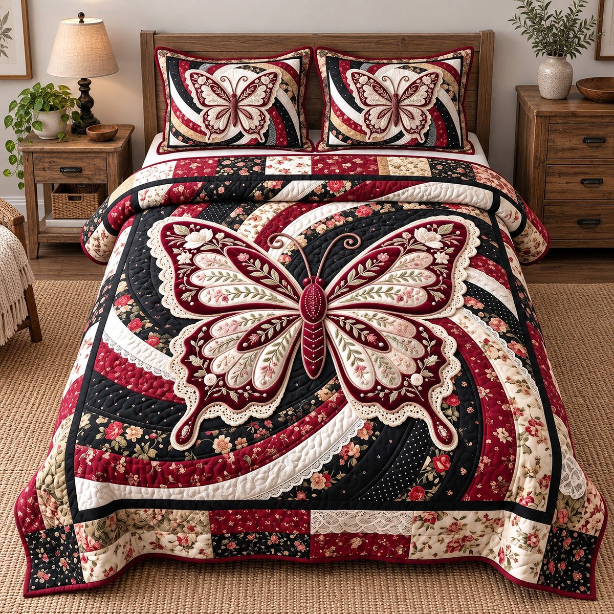 Patchwork Butterfly Swirl 3 Piece Quilted Bedding Set Gift For Butterfly Lovers