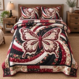 Patchwork Butterfly Swirl 3 Piece Quilted Bedding Set Gift For Butterfly Lovers