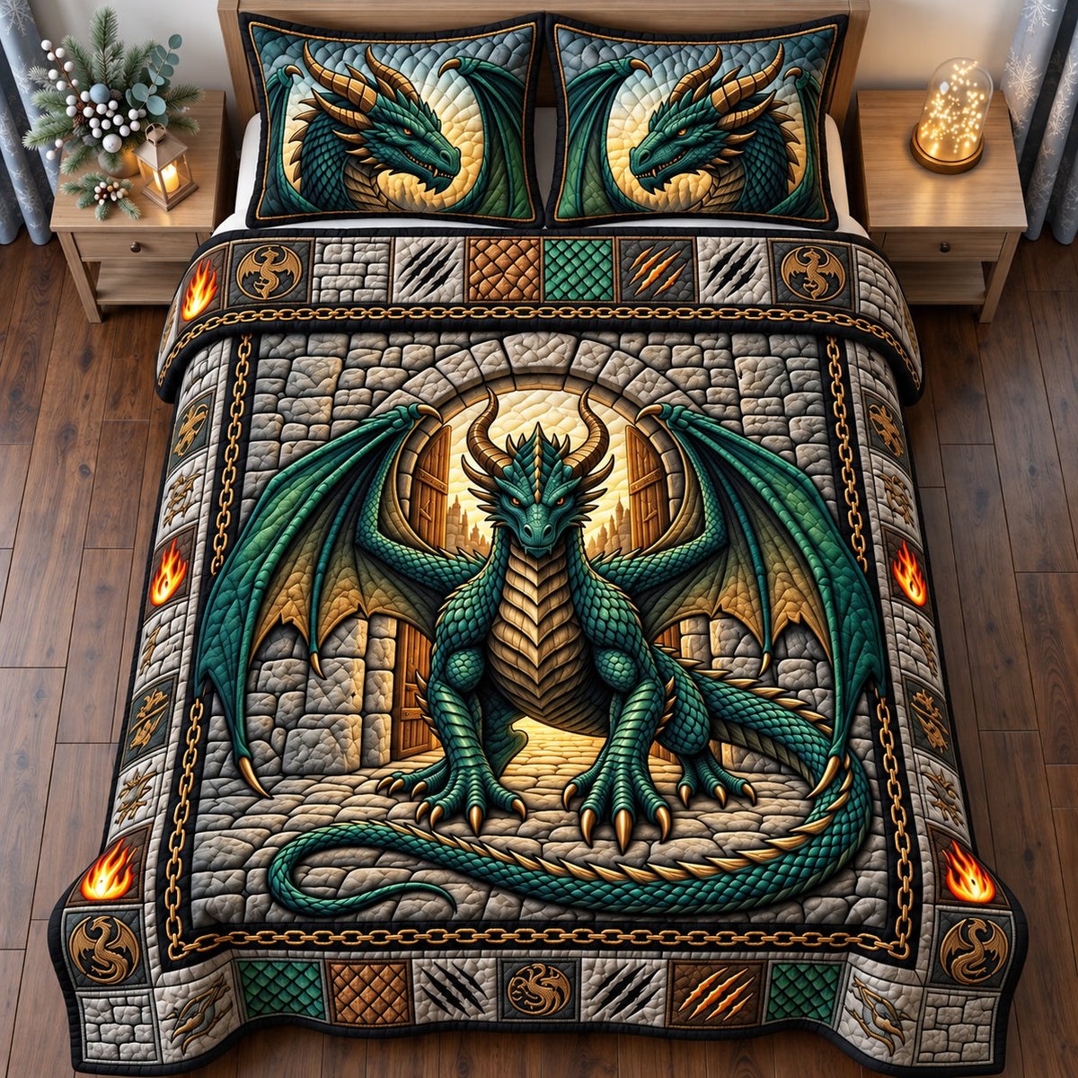 Dragon Gate 3 Piece Quilted Bedding Set Gift For Fantasy Lovers