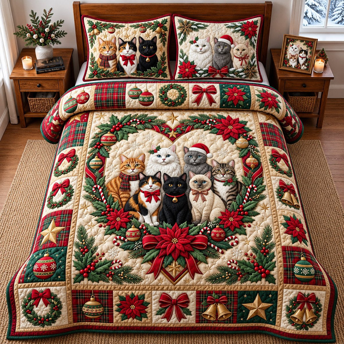 Poinsettia Cat 3 Piece Quilted Bedding Set Gift For Cat Lovers