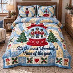 Nutcracker Snow Globe 3 Piece Quilted Bedding Set Christmas Gift For Holiday Decor Lovers
