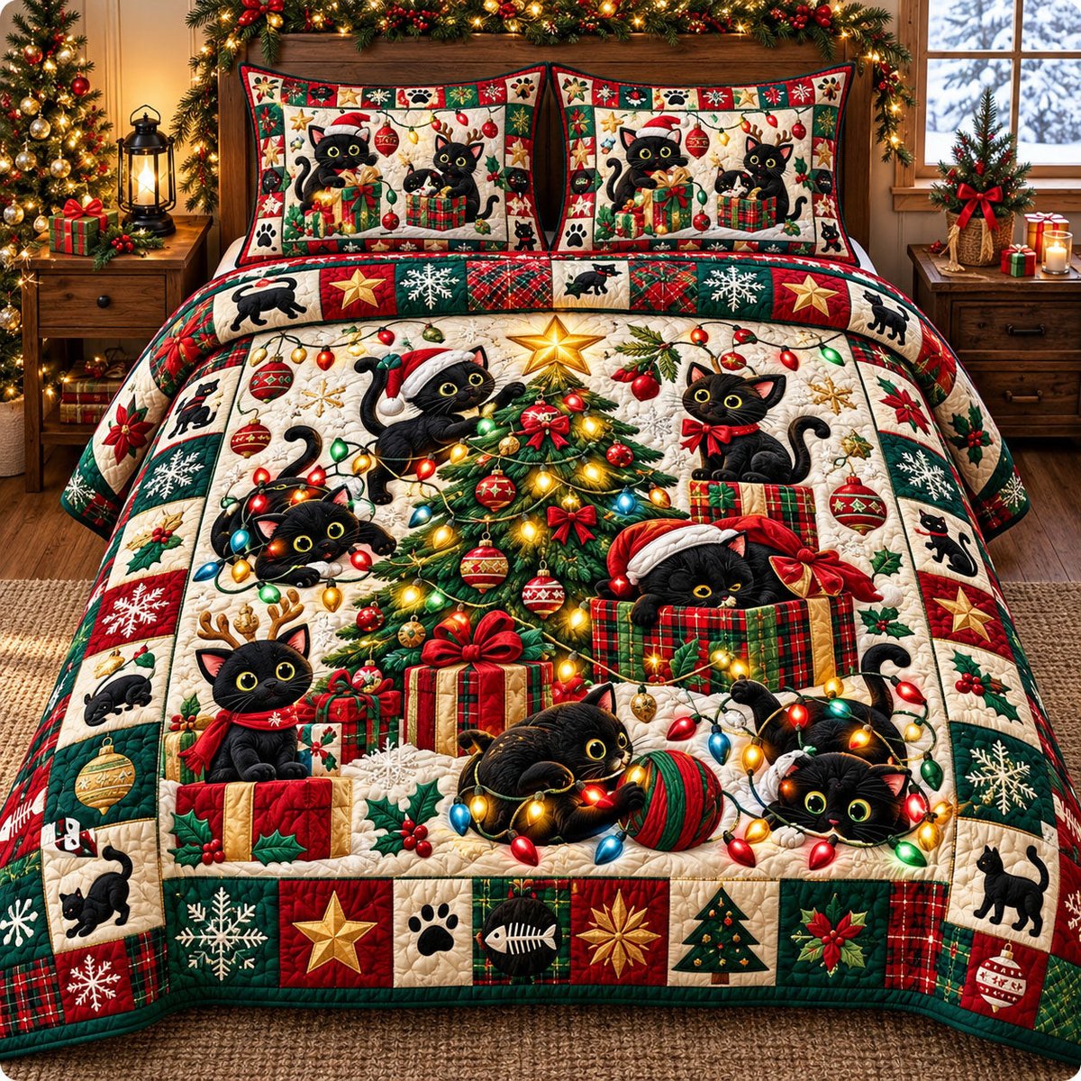 Festive Cat 3 Piece Quilted Bedding Set Christmas Gift For Cat Lovers