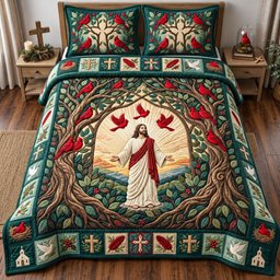Tree of Cardinals 3 Piece Quilted Bedding Set Gift For Bird Lovers