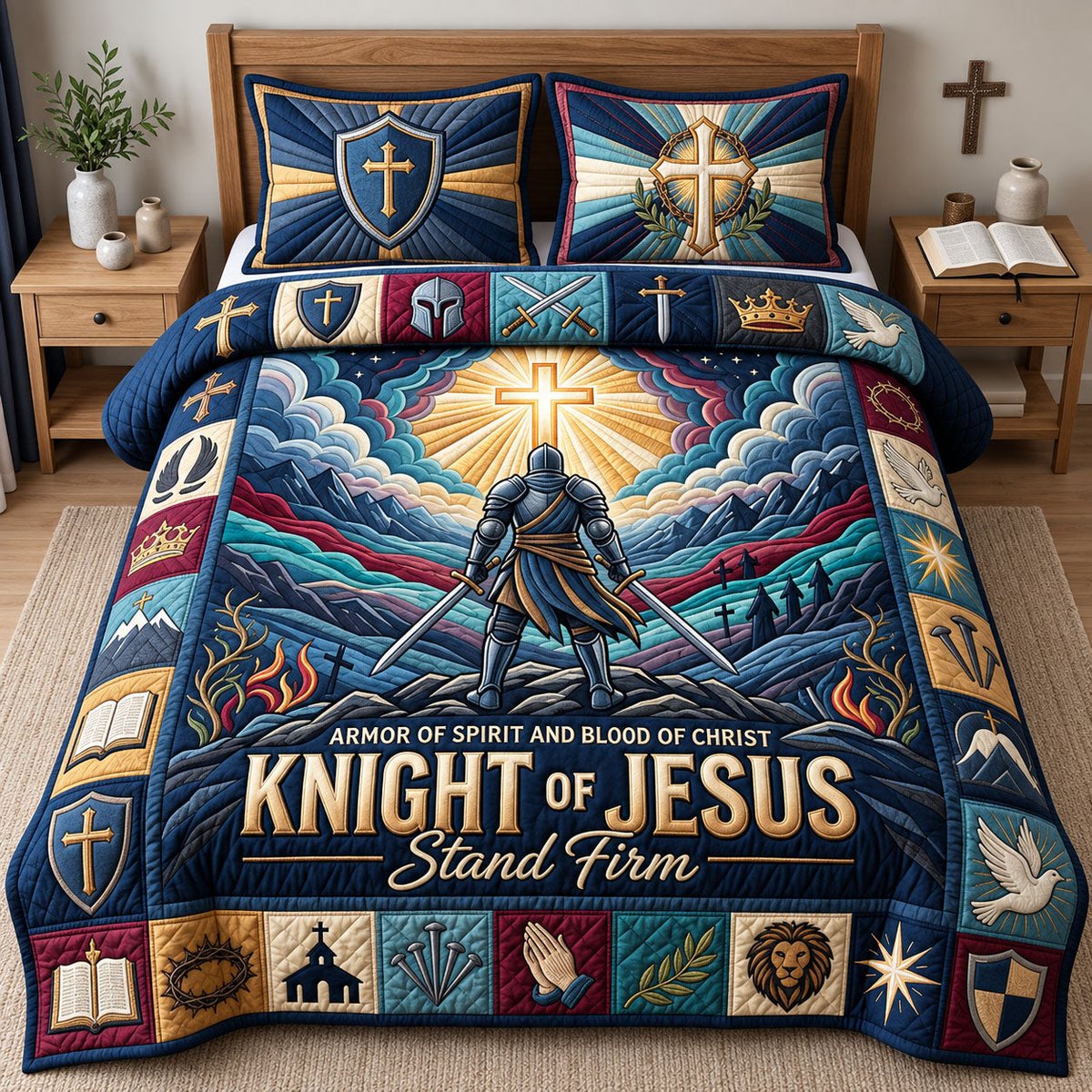 Knight of Jesus 3 Piece Quilted Bedding Set Gift For Christians