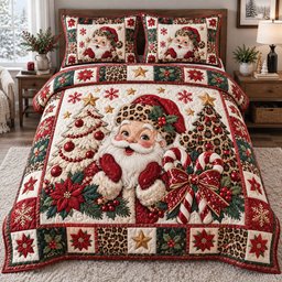 Leopard Merry Santa 3 Piece Quilted Bedding Set Christmas Gift For Holiday Decor Lovers