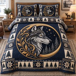 Celestial Wolf Emblem 3 Piece Quilted Bedding Set Gift For Wolf Lovers