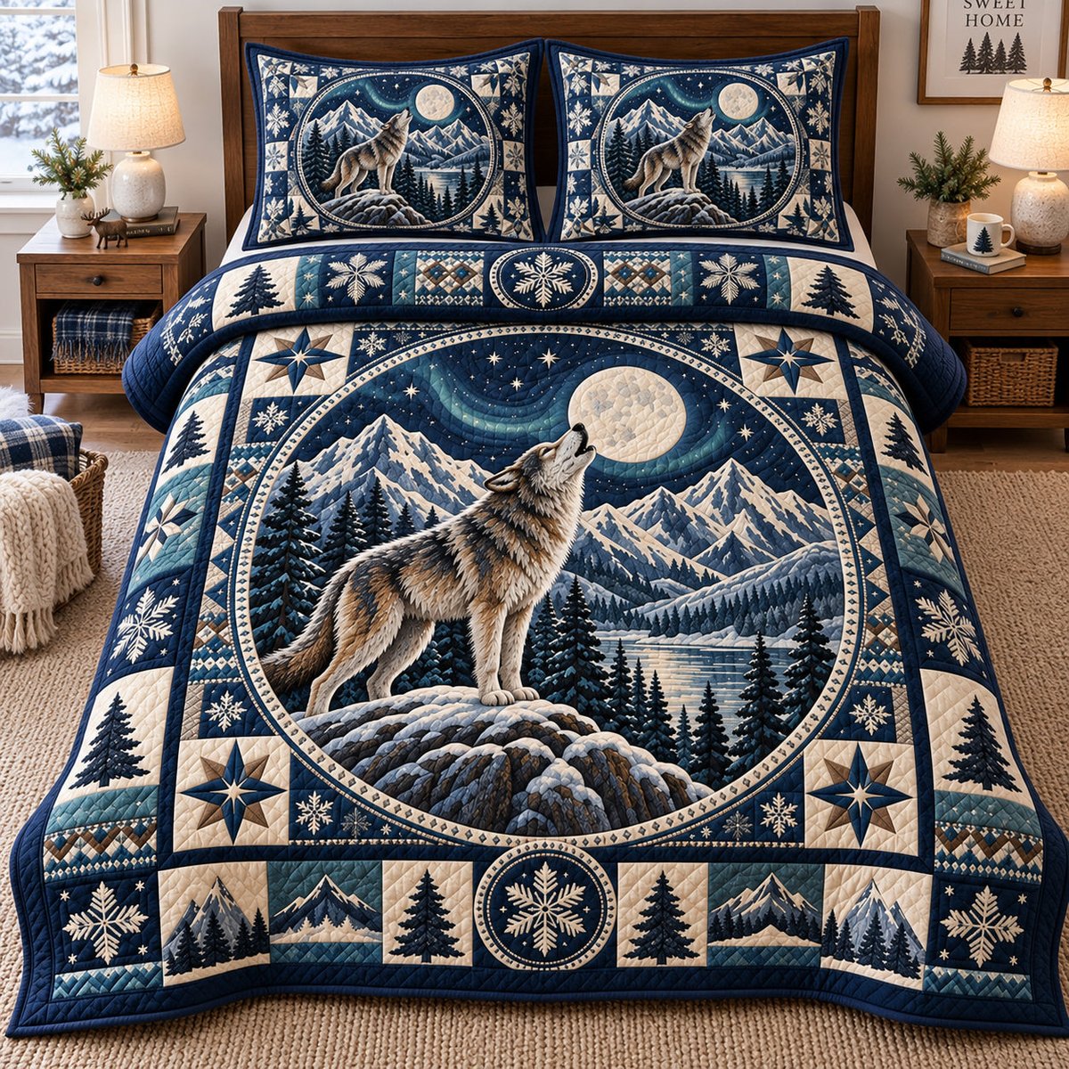 Howling Moon Wolf 3 Piece Quilted Bedding Set Gift For Wolf Lovers