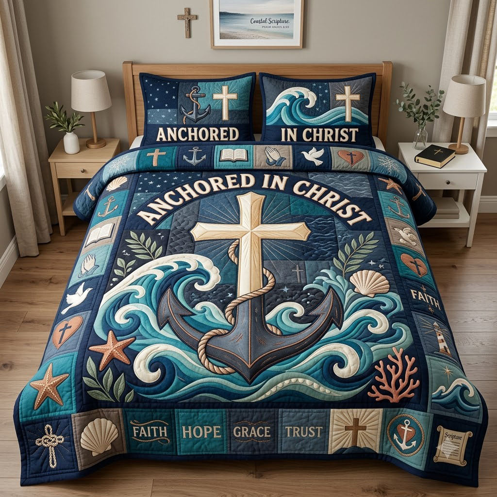 Anchored in Christ Christian 3 Piece Quilted Bedding Set Gift For Christians