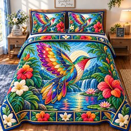 Rainbow Kaleidoscope Hummingbird 3 Piece Quilted Bedding Set Gift For Bird Lovers