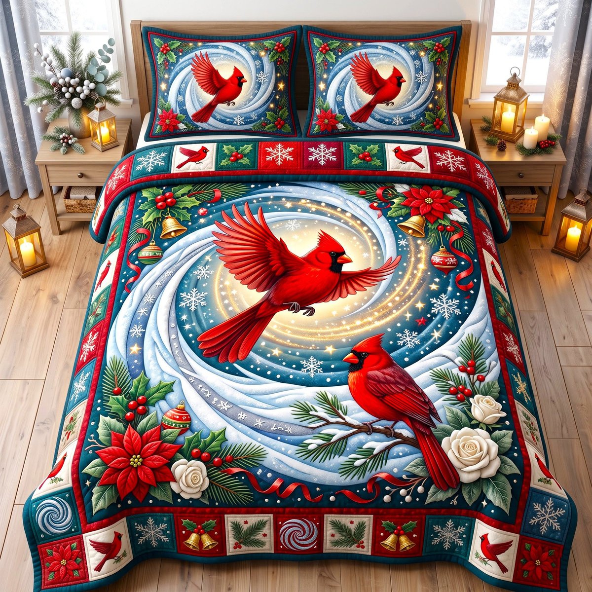 Red Cardinal 3 Piece Quilted Bedding Set Gift For Bird Lovers