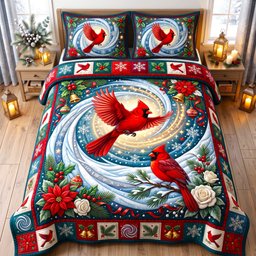 Red Cardinal 3 Piece Quilted Bedding Set Gift For Bird Lovers