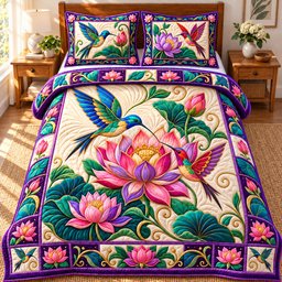 Twin Hummingbird Lotus Harmony 3 Piece Quilted Bedding Set Gift For Bird Lovers