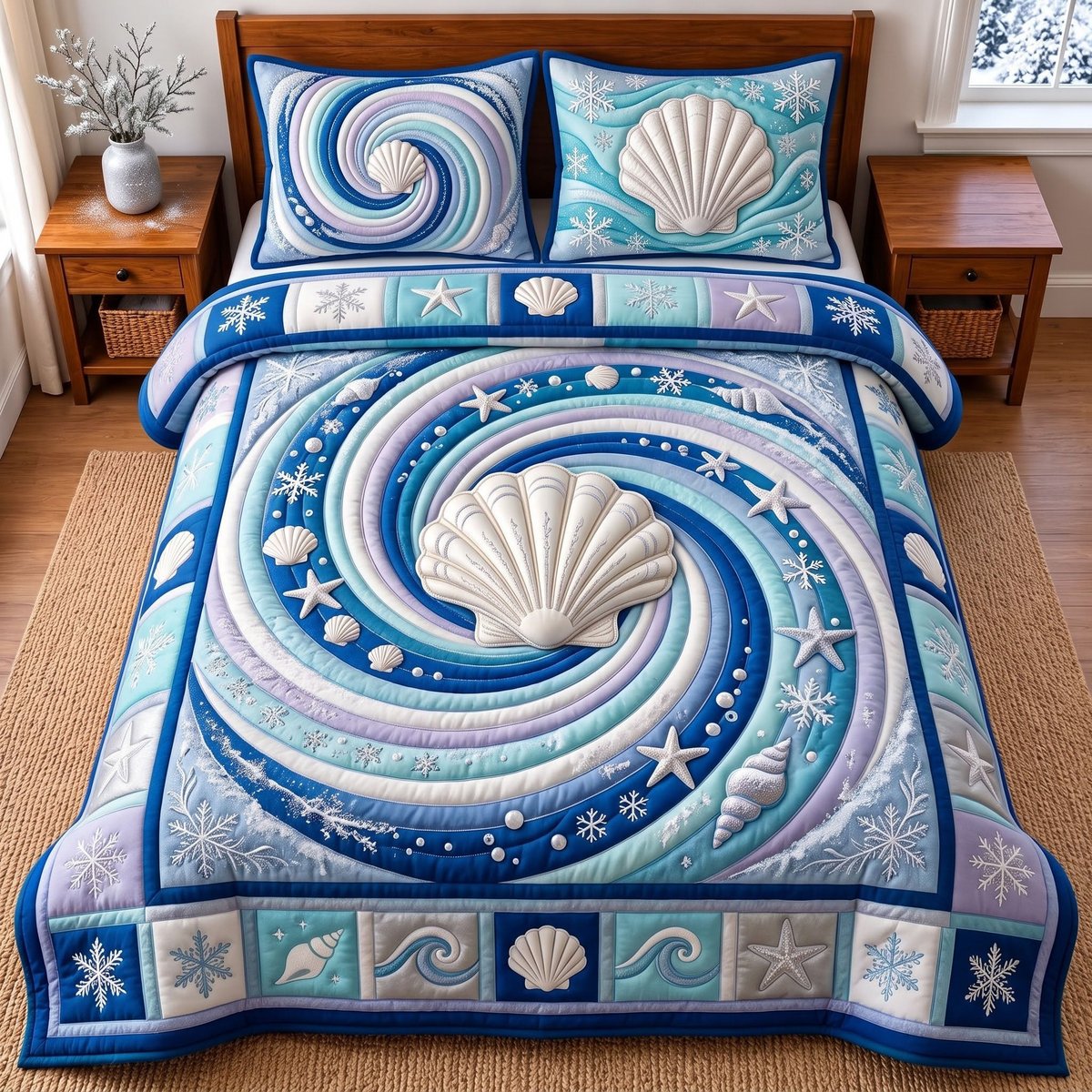 Ocean Spiral 3 Piece Quilted Bedding Set Gift For Beach Lovers