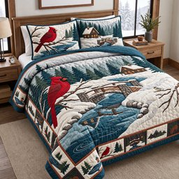 Cardinal River 3 Piece Quilted Bedding Set Gift For Bird Lovers