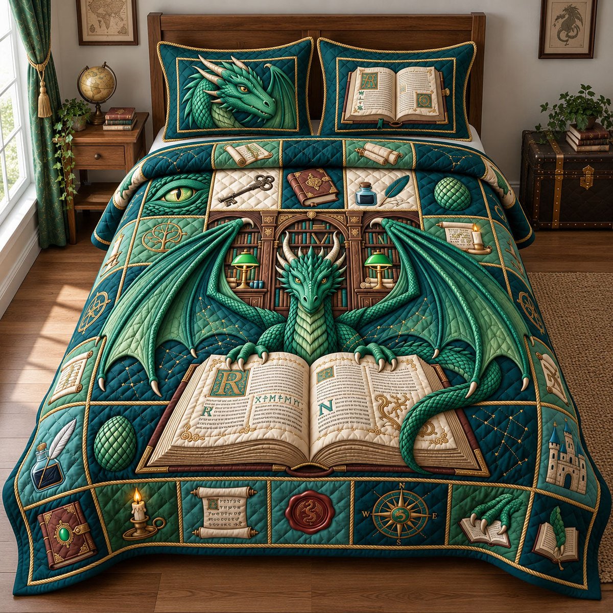 Emerald Dragon 3 Piece Quilted Bedding Set Gift For Fantasy Lovers