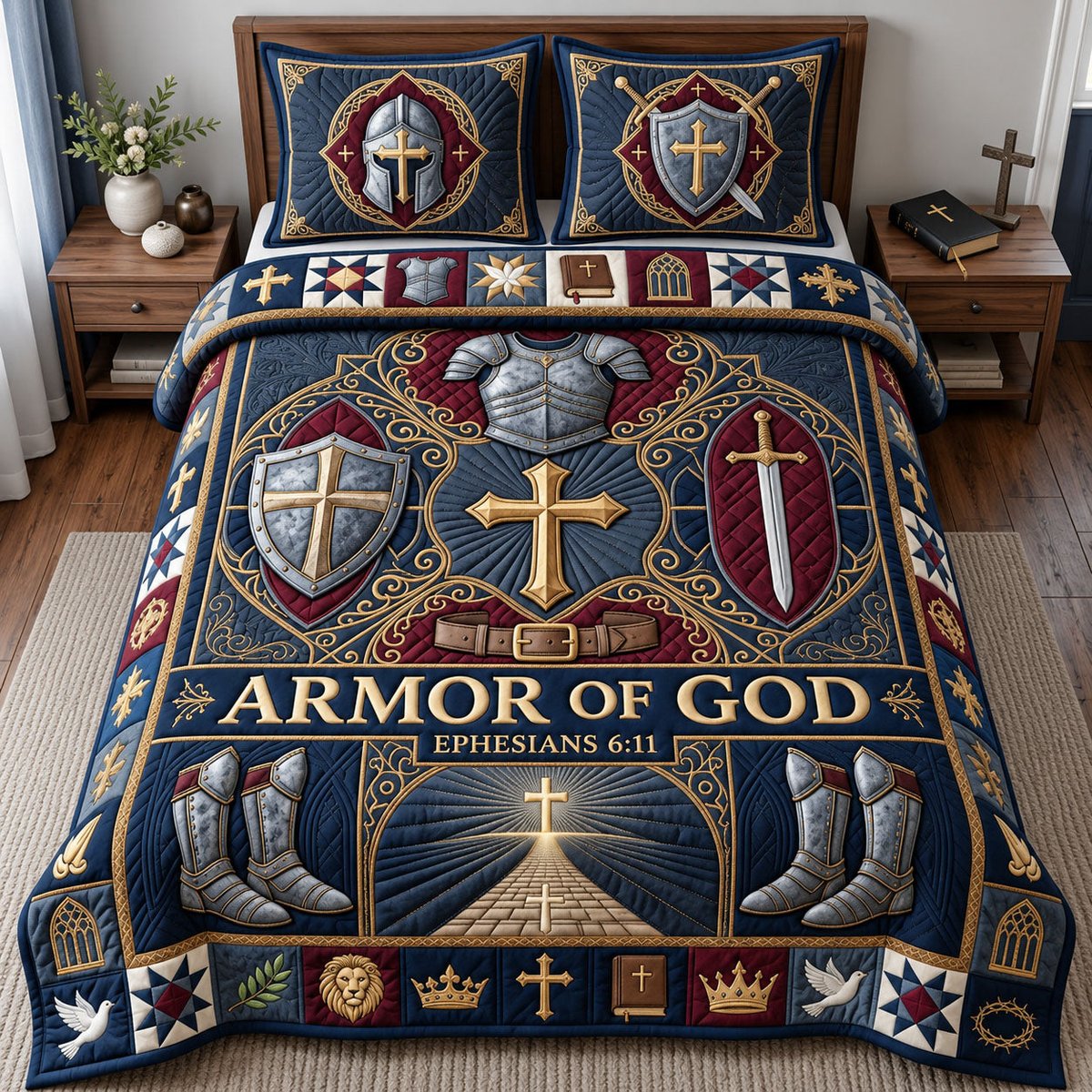 Full Armor of God 3 Piece Quilted Bedding Set Gift For Christians