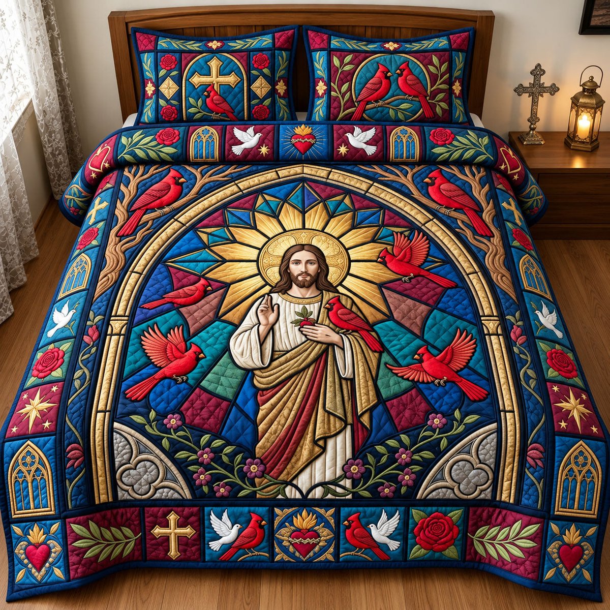 Jesus Cardinal Cathedral Window 3 Piece Quilted Bedding Set Gift For Bird Lovers