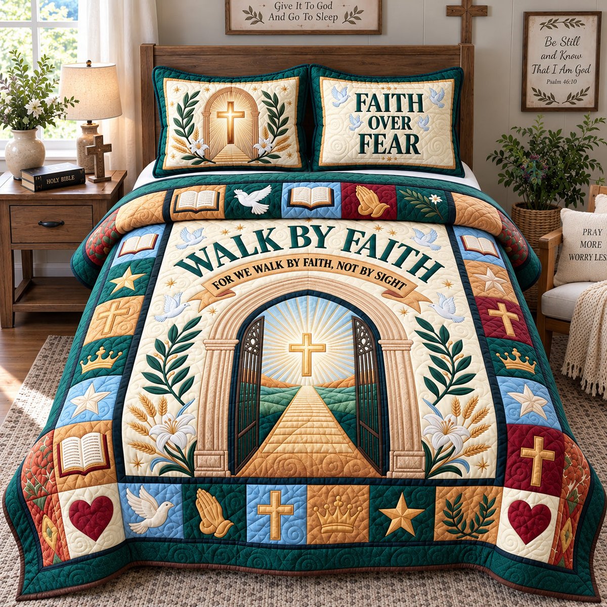 Walk by Faith 3 Piece Quilted Bedding Set Gift For Christians