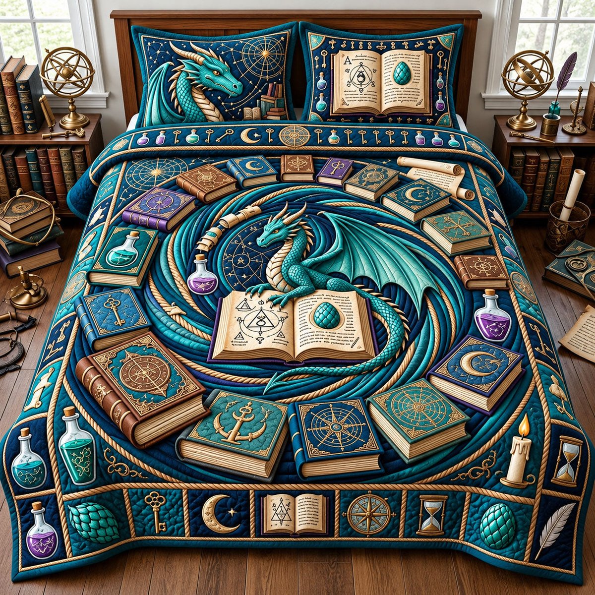 Alchemist Dragon 3 Piece Quilted Bedding Set Gift For Fantasy Lovers