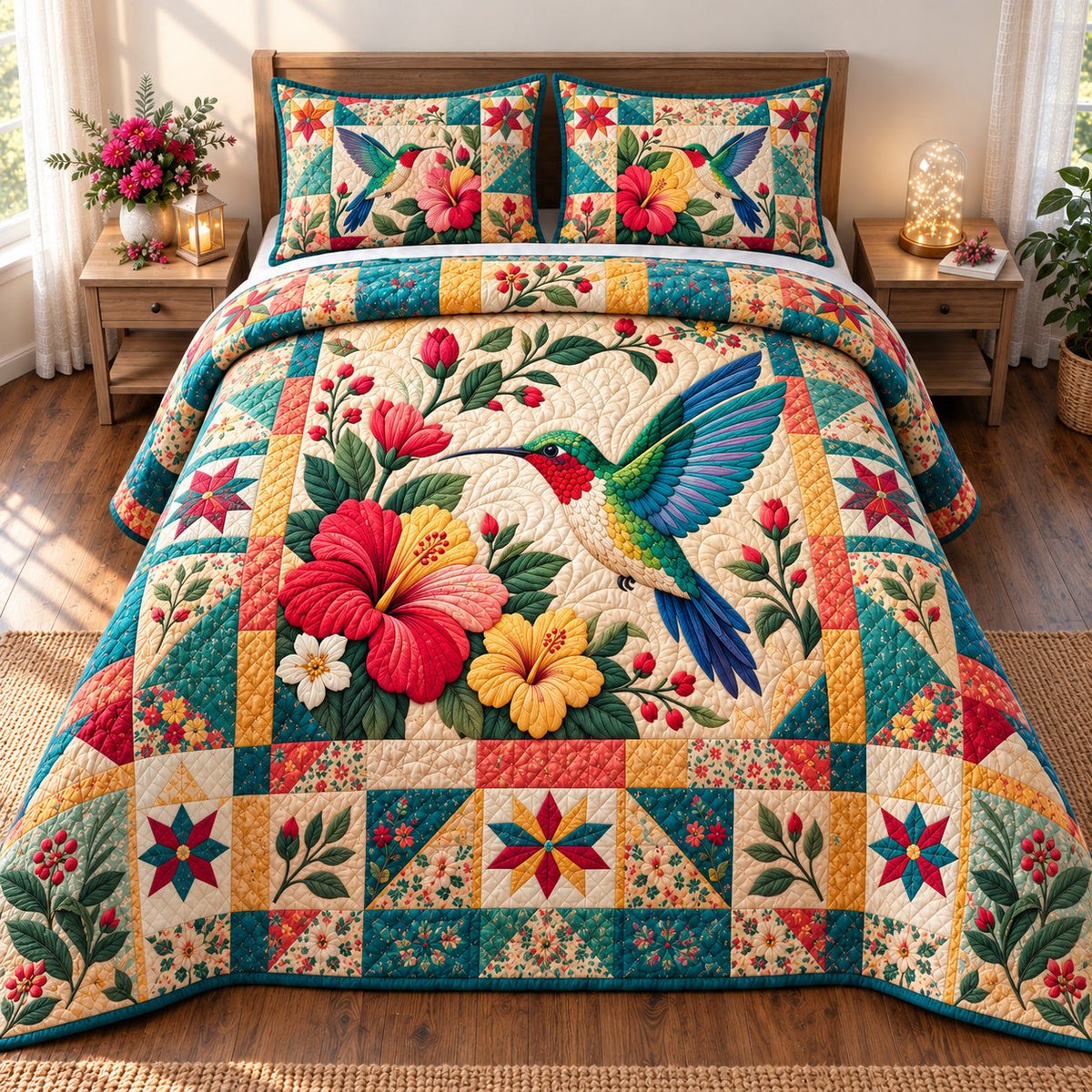 Cozy Hummingbird 3 Piece Quilted Bedding Set Gift For Bird Lovers