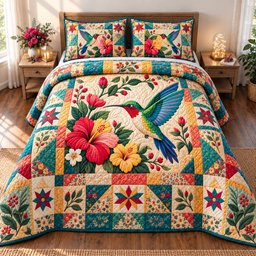Cozy Hummingbird 3 Piece Quilted Bedding Set Gift For Bird Lovers
