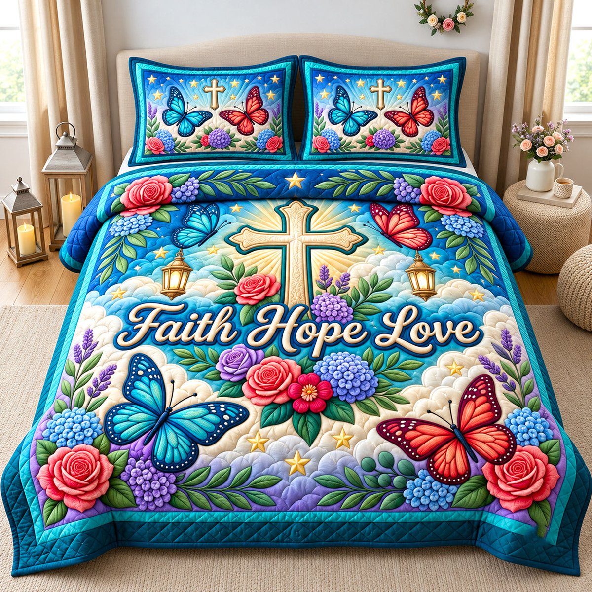 Christian Faith 3 Piece Quilted Bedding Set Gift For Christians