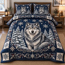 Royal Frost Wolf 3 Piece Quilted Bedding Set Gift For Wolf Lovers