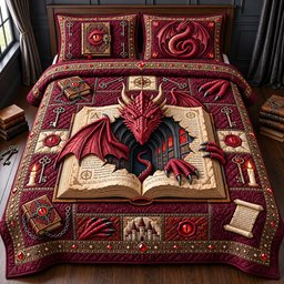 Crimson Dragon 3 Piece Quilted Bedding Set Gift For Fantasy Lovers