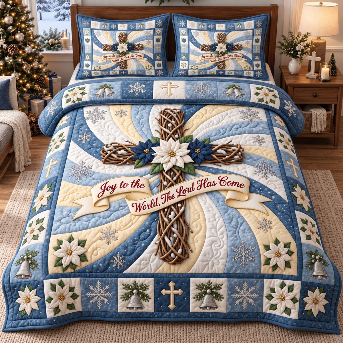 Frosty Joy Cross Christian 3 Piece Quilted Bedding Set Gift For Christians