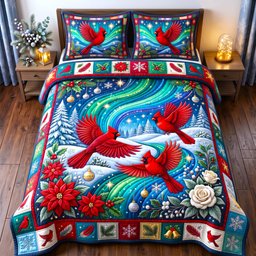 Red Cardinal 3 Piece Quilted Bedding Set Gift For Bird Lovers