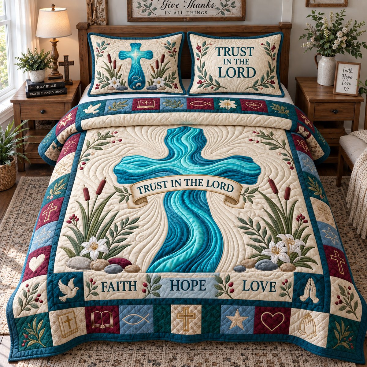 Trust in the Lord 3 Piece Quilted Bedding Set Gift For Christians