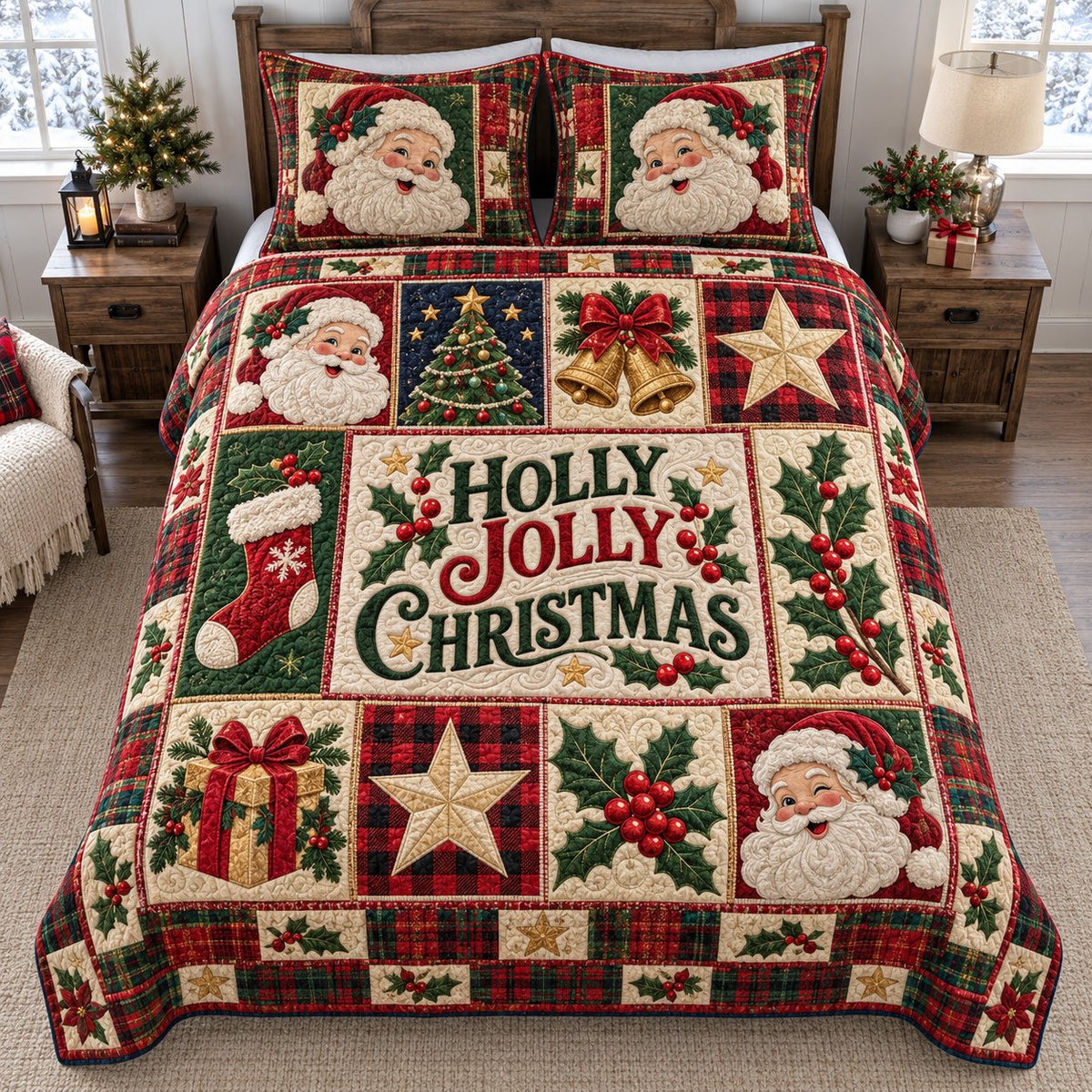 Holly Jolly Santa 3 Piece Quilted Bedding Set Christmas Gift For Holiday Decor Lovers