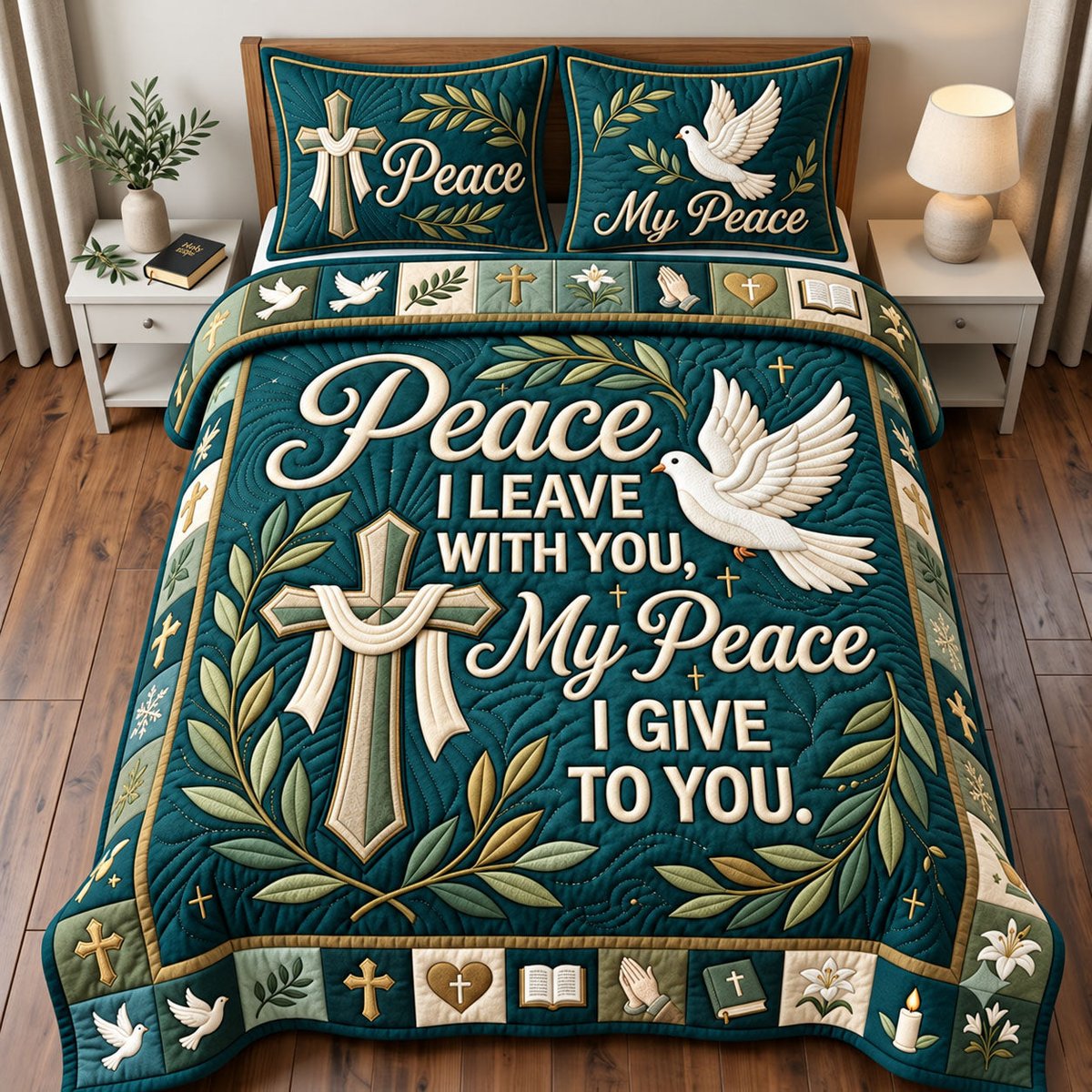 Dove Peace Christian 3 Piece Quilted Bedding Set Gift For Christians
