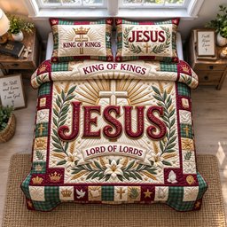King of Kings 3 Piece Quilted Bedding Set Gift For Christians